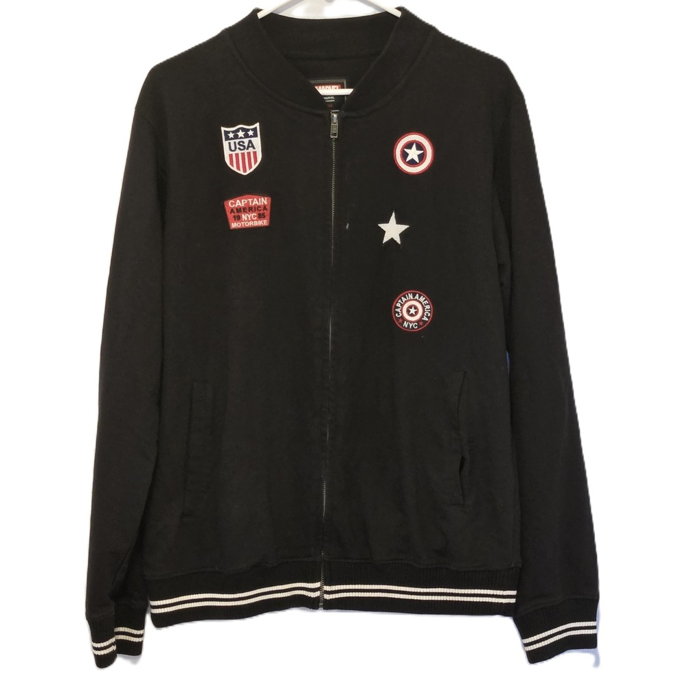 Marvel Captain America Bomber Jacket Patch Embellished Black Mens Large